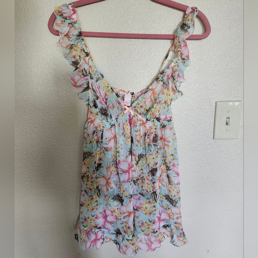 Sale🥰 Victoria's Secret Floral Ruffle Chemise in Pastel Blue, Pink & Yellow